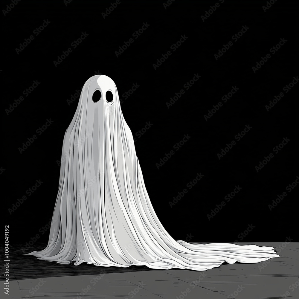 A cartoon illustration of transparent ghost with large black eyes, sitting on dark background. ghosts flowing white sheet creates haunting yet whimsical atmosphere A cartoon illustration of transparent ghost with large black eyes, sitting on dark background. ghosts flowing white sheet creates haunting yet whimsical atmosphere