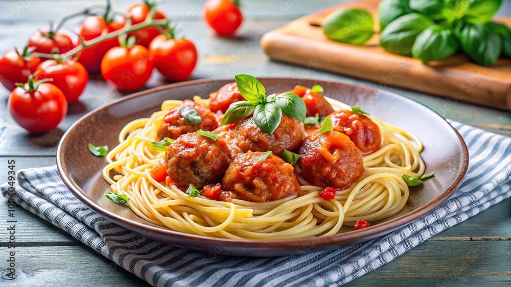 Wide-Angle Spaghetti with meatballs and tomato sauce on a plate with package mockup Wide-Angle Spaghetti with meatballs and tomato sauce on a plate with package mockup