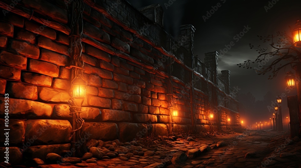 Obraz premium A winding cobblestone path illuminated by warm, flickering lanterns lines a towering stone wall shrouded in shadow, creating an eerie and captivating atmosphere.