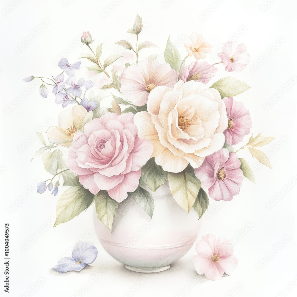 A delicate floral arrangement in a white vase, showcasing soft pastel colors and intricate details. A delicate floral arrangement in a white vase, showcasing soft pastel colors and intricate details.