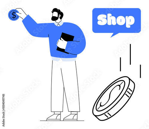 Man with beard holding a coin, next to the word Shop. Ideal for e-commerce, online shopping, digital transactions, retail marketing, and financial services. Minimalist vector style, blue and white