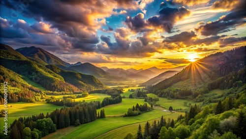 Wide-angle sunset in the green mountains valley vertical