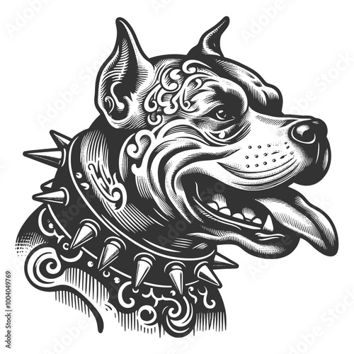 Punk pitbull dog with spiked collar, decorative tattoos on its face, drawn in an engraving style sketch engraving generative ai vector illustration. Scratch board imitation. Black and white image.