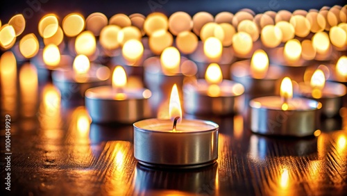 Wide-angle tealight candle against blurry row of candles