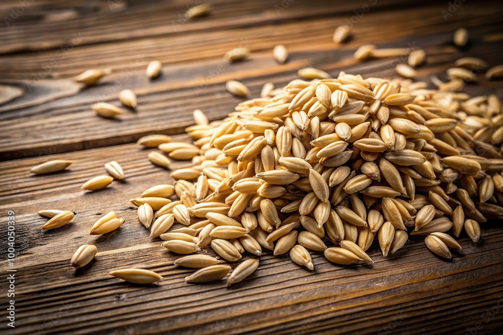 Obraz premium Wide-angle unpeeled oat seeds scattered on wooden surface