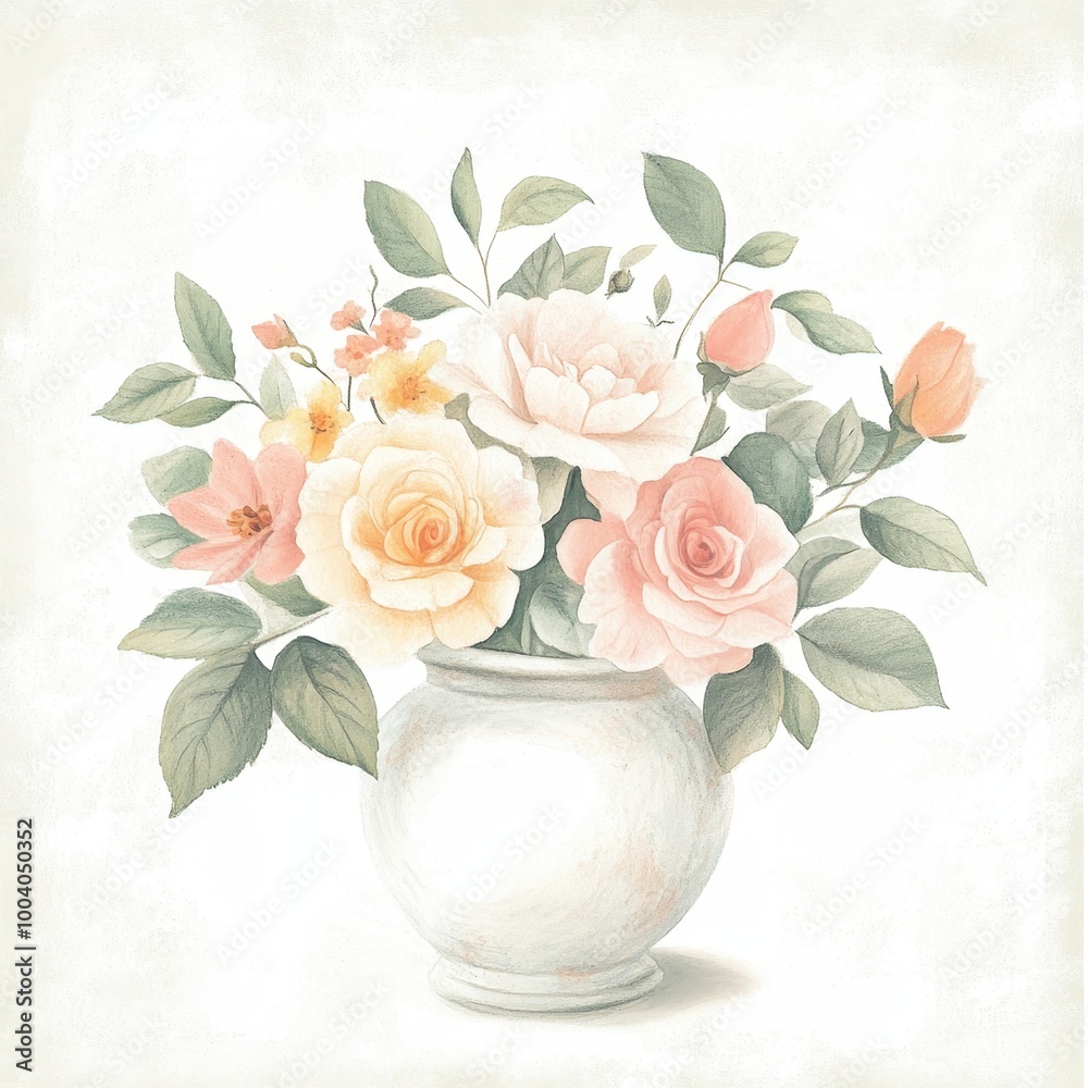 A delicate floral arrangement in a white vase, showcasing soft pastel roses and greenery. A delicate floral arrangement in a white vase, showcasing soft pastel roses and greenery.