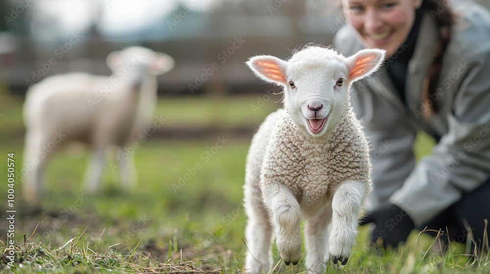 Adorable Baby Sheep Interacts with Veterinarian on Domestic Farm Adorable Baby Sheep Interacts with Veterinarian on Domestic Farm