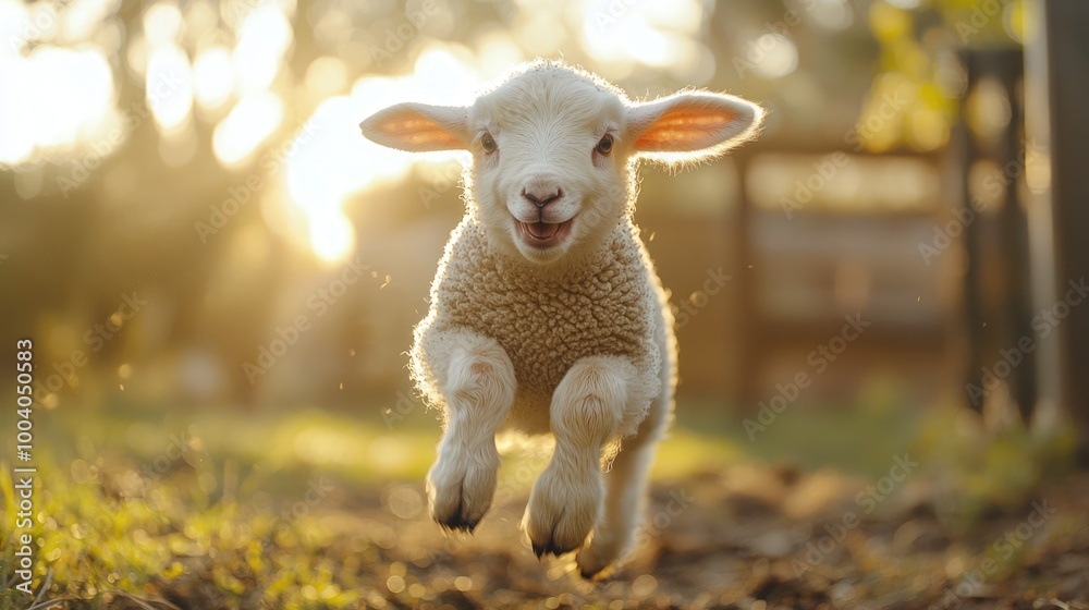 Fototapeta premium Happy Baby Sheep Interacts with Veterinarian on a Domestic Farm