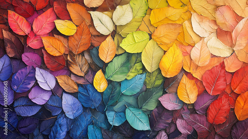 An illustration of autumn leaves in vibrant rainbow colors scattered on the ground. This LGBTQ-themed artwork symbolizes the beauty of diversity and inclusion.