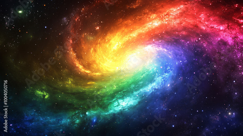 An illustration of a rainbow-colored galaxy filled with vibrant stars and swirling nebulae. This LGBTQ-themed artwork symbolizes the beauty of diversity and inclusion, celebrating love and acceptance.