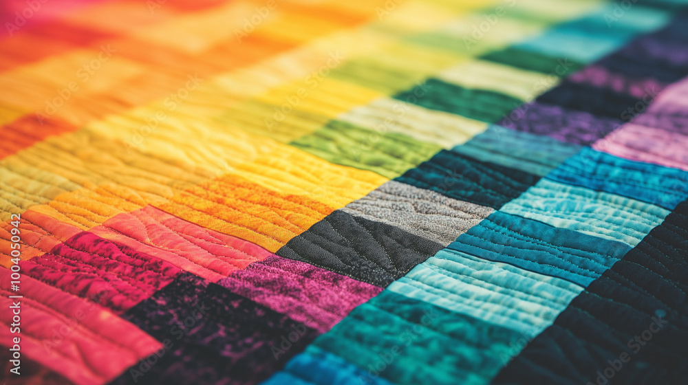 An illustration of a cozy rainbow-patterned quilt spread across a soft bed, showcasing vibrant colors and intricate designs. The quilt symbolizes warmth, diversity, and comfort in any space. An illustration of a cozy rainbow-patterned quilt spread across a soft bed, showcasing vibrant colors and intricate designs. The quilt symbolizes warmth, diversity, and comfort in any space.