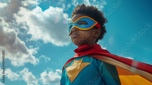 Young boy, kid in a superhero costume, standing confidently, vibrant colors. Concept: child in a hero cape showing confidence, strength, imagination, dreams and skills.