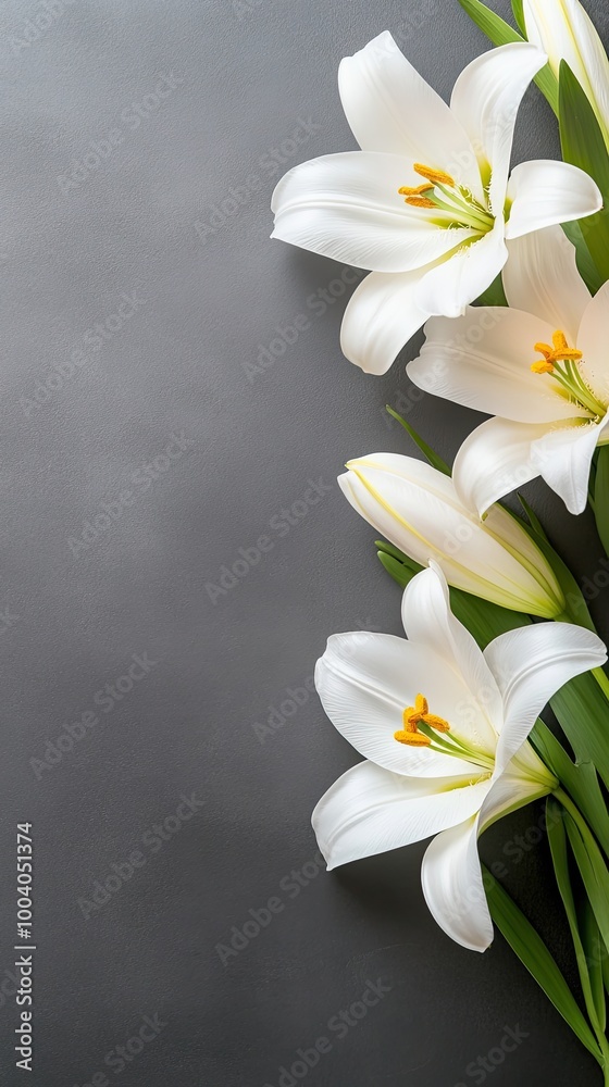 Fototapeta premium A stunning arrangement of white lilies paired with burning candles against a black backdrop, providing a tranquil atmosphere and ample space for text and design elements