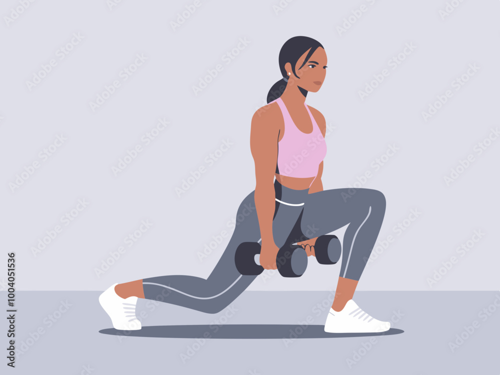 Woman performing lunge exercise with dumbbells Woman performing lunge exercise with dumbbells