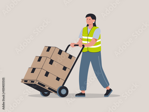 Worker pushing hand truck with cardboard boxes