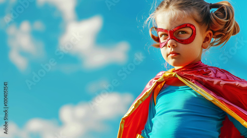Young girl, kid in a superhero costume, standing confidently, vibrant colors. Concept: child in a hero cape showing confidence, strength, imagination, dreams and skills.