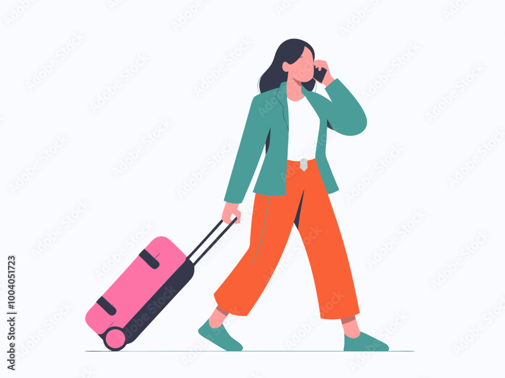 Woman walking with suitcase and talking on phone illustration Woman walking with suitcase and talking on phone illustration