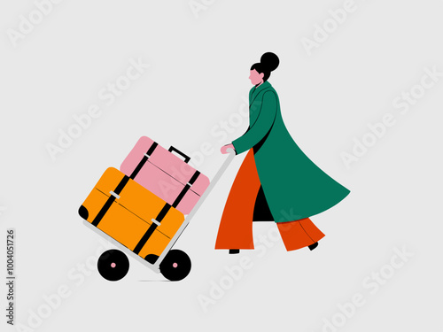 Woman pulling luggage cart with suitcases illustration