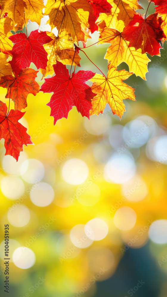 Fototapeta premium Autumn template with red maple leaves and sunlight