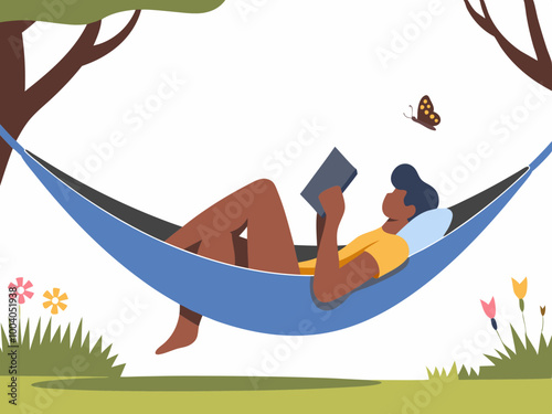 Person reading in a hammock outdoors photo