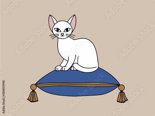 White cat sitting on a blue cushion illustration