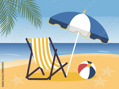 Beach scene with deck chair and umbrella illustration