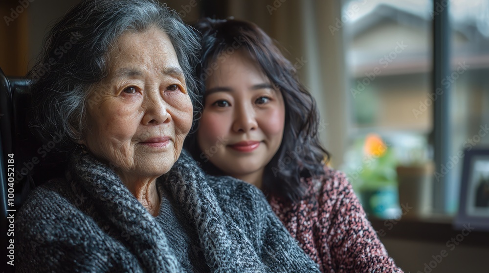 Unbreakable Bonds: Daughter Caring for Elderly Asian Mother in Wheelchair at Home - Family Love and Caregiving Strength Concept Unbreakable Bonds: Daughter Caring for Elderly Asian Mother in Wheelchair at Home - Family Love and Caregiving Strength Concept