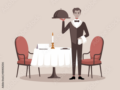 Waiter serving food at a restaurant table illustration