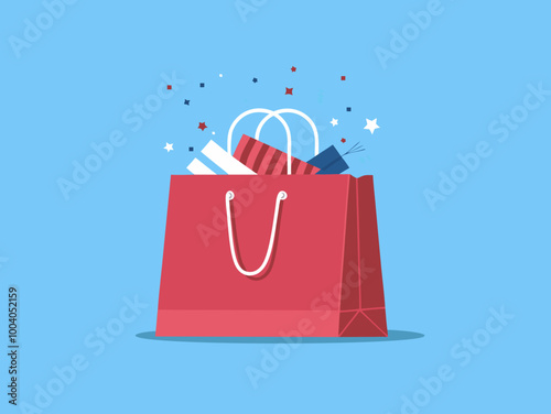 Red shopping bag with gifts and confetti illustration