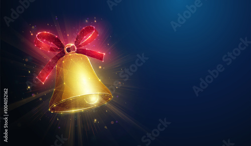Abstract illustration of golden christmas bell  in low poly style. Blue geometric background depicting New year and Christmas holidays congratulations concept by wireframe connection structure