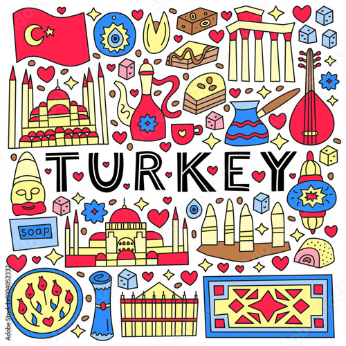Turkey national landmarks and attractions in doodle style isolated on white background. Welcome poster. Turkish tourism concept.
