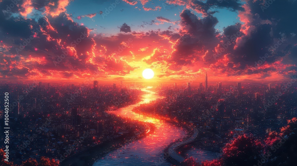Fototapeta premium a vibrant animestyle sunset illuminating a city skyline with colorful clouds reflecting in the buildings and a winding road leading into the horizon evoking a sense of adventure