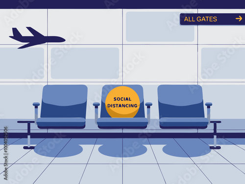 Airport waiting area with social distancing signs