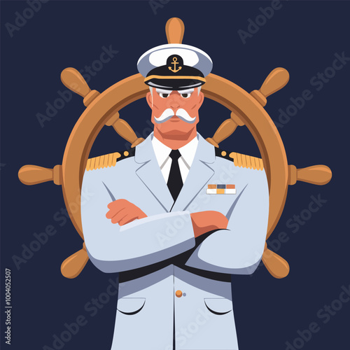 Serious captain in uniform standing before a ship wheel.