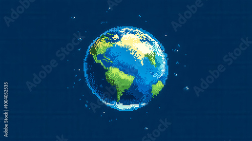 Fototapeta Naklejka Na Ścianę i Meble -  Pixel art illustration of planet earth floating in space