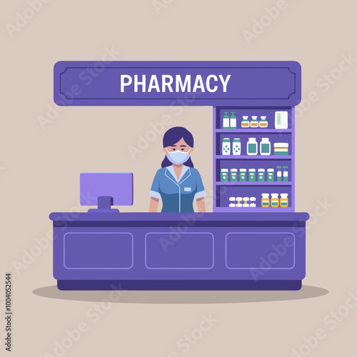 Pharmacist wearing mask behind pharmacy counter