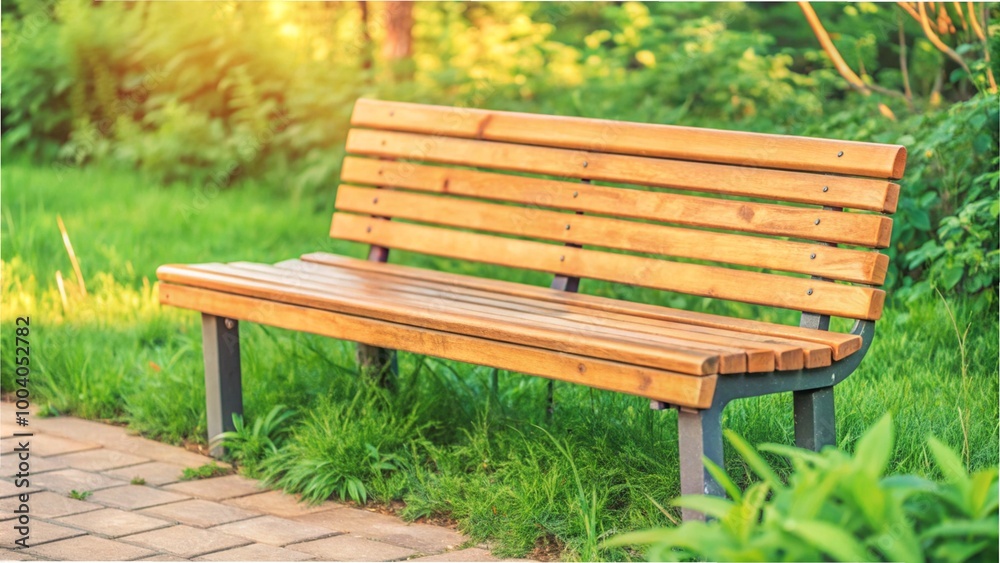 A brown wooden bench nestled in a garden, offering a serene spot amidst flourishing plants and colorful blossoms. A brown wooden bench nestled in a garden, offering a serene spot amidst flourishing plants and colorful blossoms.
