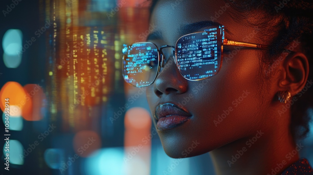Futuristic African American IT Specialist Analyzing Holographic AI Cyber Security Data in Augmented Reality with Blue and Orange Color Scheme Futuristic African American IT Specialist Analyzing Holographic AI Cyber Security Data in Augmented Reality with Blue and Orange Color Scheme
