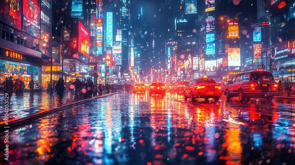 Obraz premium a vibrant cityscape at night awash with dazzling lights capturing the energy of urban life with a slightly blurred background enhancing the dynamic atmosphere