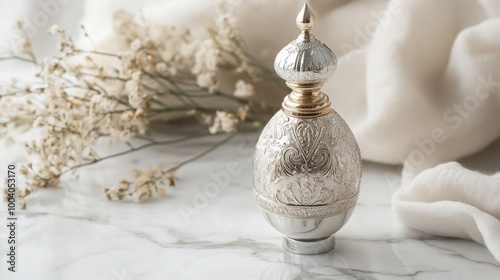 A silver and gold ornate perfume bottle with a detailed design sits on a marble surface. Dried white flowers and a white cloth are in the background.