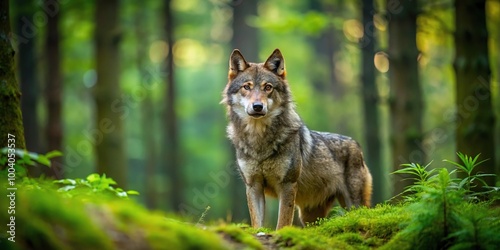 Wild European wolf Canis lupus lupus in lush green forest Wide-Angle photo