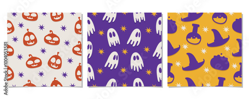 Halloween seamless pattern collection with flat and simple design isolated on white background