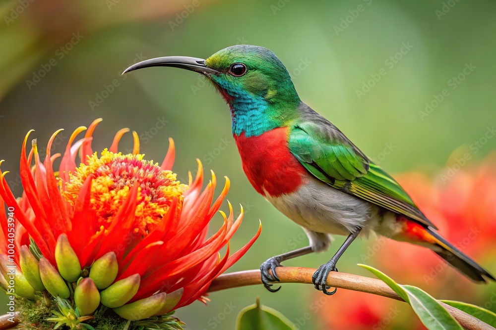 Fototapeta premium Wild Greater Double Collared Sunbird feeding on red flower