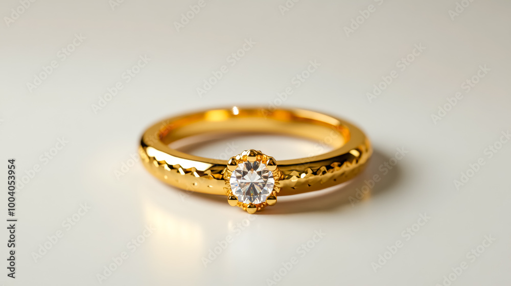 Golden ring with big diamond shining on white background Golden ring with big diamond shining on white background