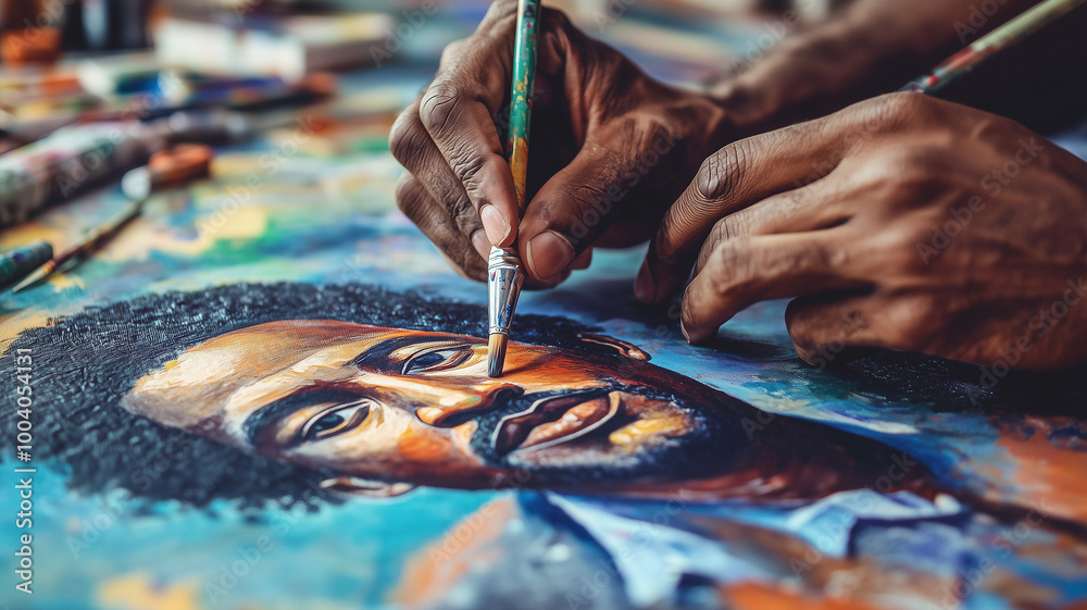A close-up of hands working on a Black History Month mural, painting portraits of famous African American leaders and cultural symbols. Ai generated A close-up of hands working on a Black History Month mural, painting portraits of famous African American leaders and cultural symbols. Ai generated