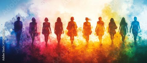 An illustration of rainbow-colored silhouettes of people symbolizing LGBTQ pride, diversity and freedom. 