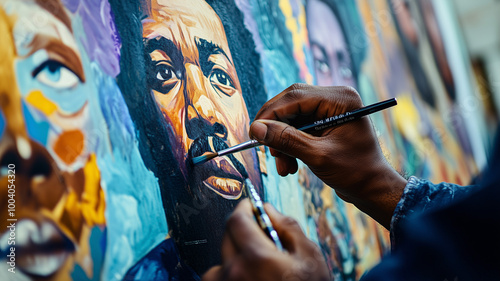 A close-up of hands working on a Black History Month mural, painting portraits of famous African American leaders and cultural symbols. Ai generated