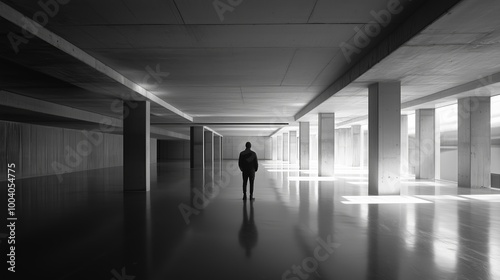 Wallpaper Mural A solitary figure stands in a vast, minimalist concrete space with stark lighting and deep shadows during the day Torontodigital.ca