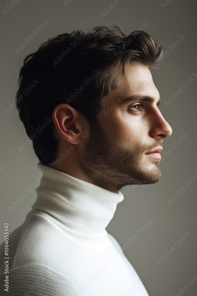 Stylish man in a white turtleneck showcasing profile in a minimalistic setting Stylish man in a white turtleneck showcasing profile in a minimalistic setting