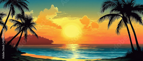 Gorgeous tropical sunset over a beach with palm silhouettes, ideal for summer vacation themes